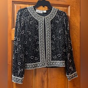 Laurence Kazar Vintage Black/Silver Silk Beaded Evening Jacket Sz S Made India